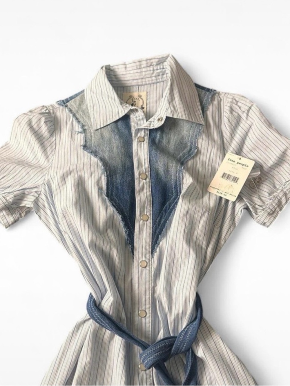 Free People Cream and Blue Striped Denim-Trim Mini Dress - Picture 3 of 4